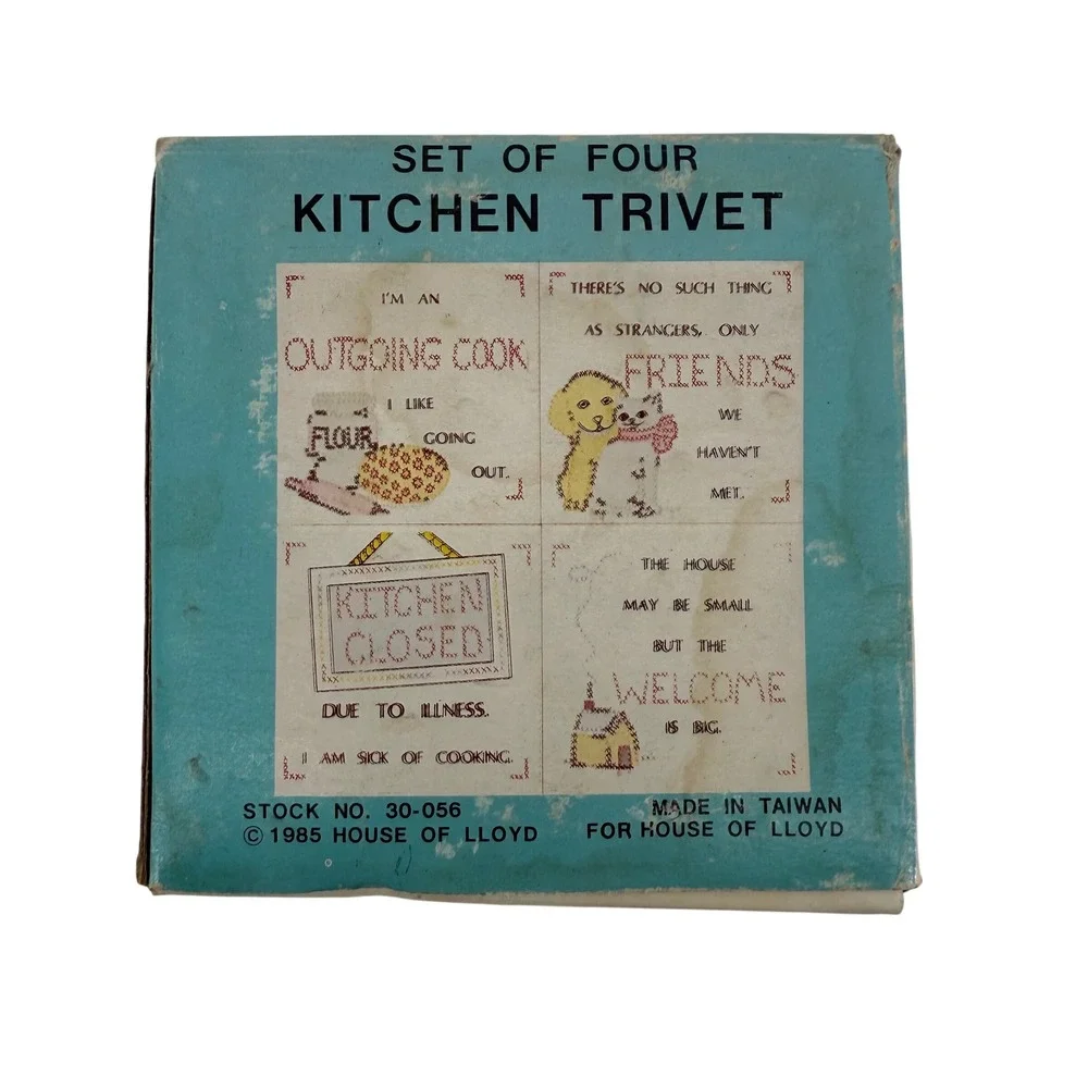Vintage 1985 House of Lloyd Kitchen Trivet Set of 4 Cross‎ Stitch Ceramic